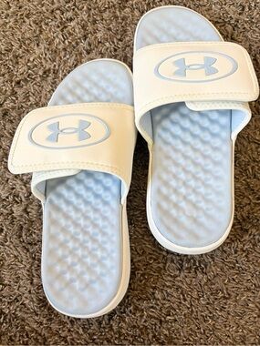 Under Armour Kids White and Light Blue Slide Sandals with Logo